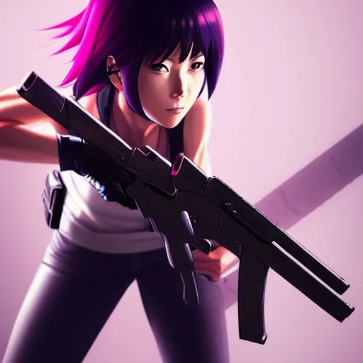 Image similar to motoko kusanagi with a gun in her hand, a character portrait by ilya kuvshinov, rossdraws, artgerm, sola digital arts, anti aliasing, trending on pixiv, sots art, official art, pixiv, anime raytracing