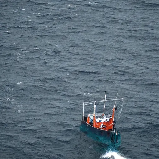 Prompt: fishing trawler hauling a net filled with fish and chips, seen from above, stormy seas