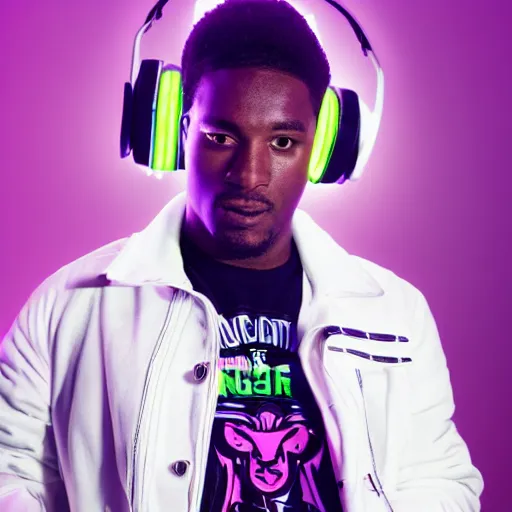 Image similar to the goat dj in a white jacket, retrowave, neon light,