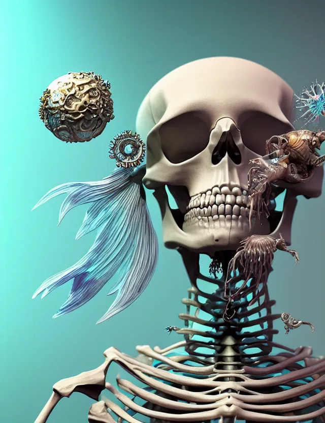 Image similar to 3 d goddess skeleton macro close - up portrait with crown made of ram skull. betta fish, jellyfish phoenix, bioluminiscent, plasma, ice, water, wind, creature, super intricate ornaments artwork by tooth wu and wlop and beeple and greg rutkowski