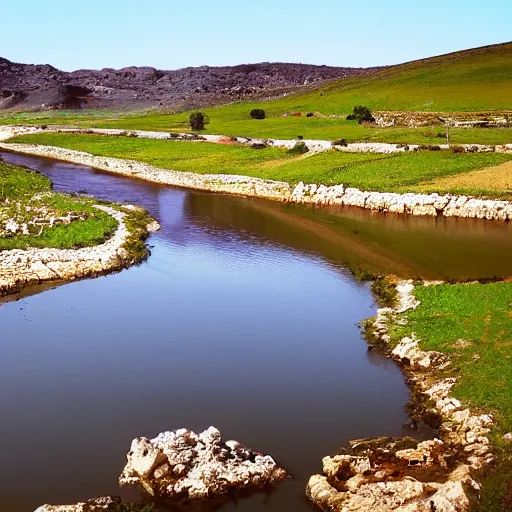 Prompt: landscape, river made of karak, with cows grazing, wide shot, photo