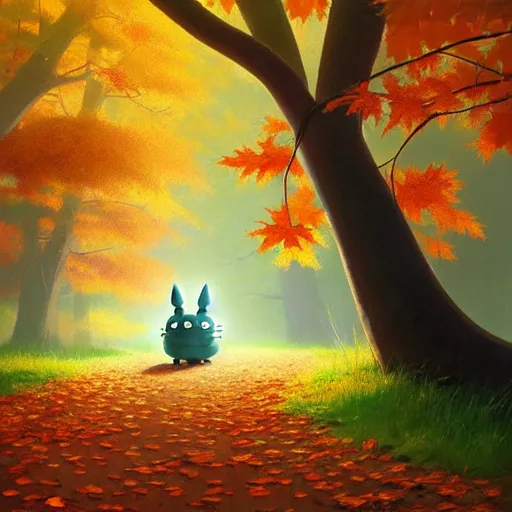 Image similar to goro fujita ilustration an autumn forest with large trees and light coming through the leaves | totoro walking, painting by goro fujita, sharp focus, highly detailed, artstation