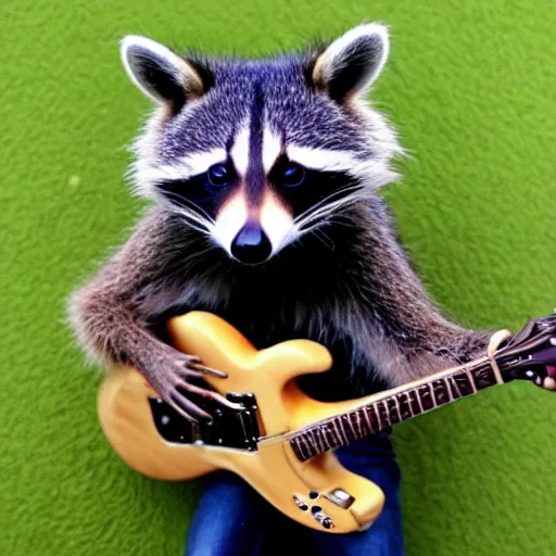 Image similar to a raccoon wearing a leather jacket playing electric guitar