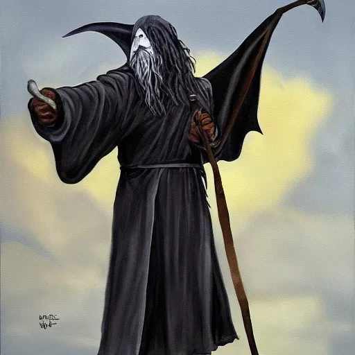 Image similar to gandalf as the crow, painting