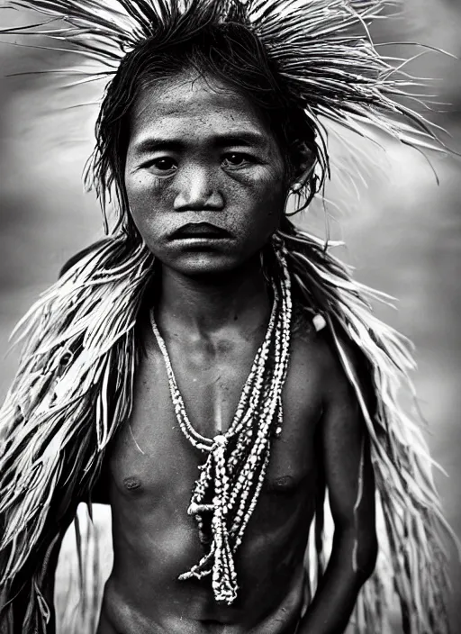 Prompt: Award winning Editorial photo of a Native Kiribati with incredible hair and beautiful hyper-detailed eyes wearing traditional garb with a Bokikokiko by Lee Jeffries, 85mm ND 5, perfect lighting, gelatin silver process