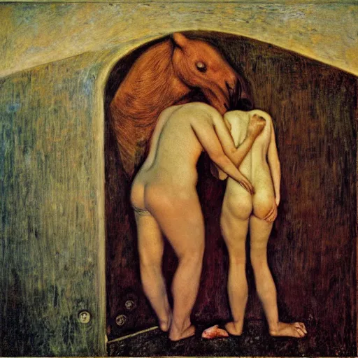 Image similar to the restraint of beasts, by Odd Nerdrum and Gustav Klimt, oil on canvas, beautiful, eerie, surreal, colorful