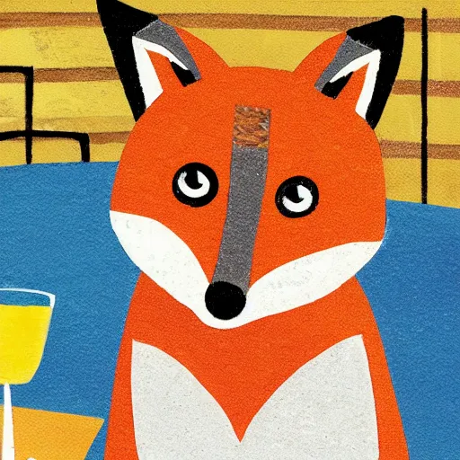 Prompt: award winning illustration of a fox eating cheese in a busy restaurant, on the cover of a magazine, soft focus