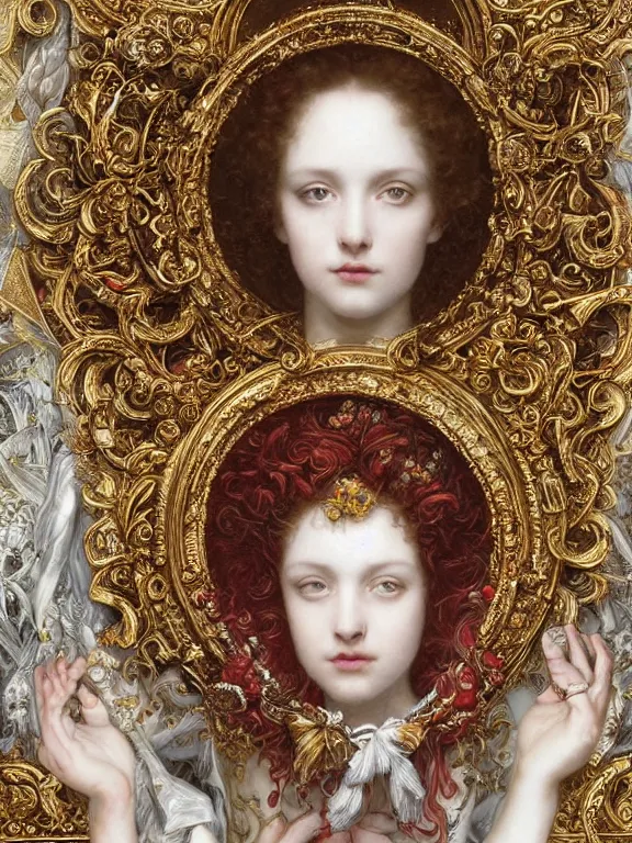 Image similar to a beautiful render of baroque catholic veiled the red queen and the white queen sculpture with symmetry intricate detailed,gemstone-embellished,by Lawrence Alma-Tadema, peter gric,aaron horkey,Billelis,trending on pinterest,hyperreal,jewelry,gold,intricate,maximalist,glittering,golden ratio,cinematic lighting