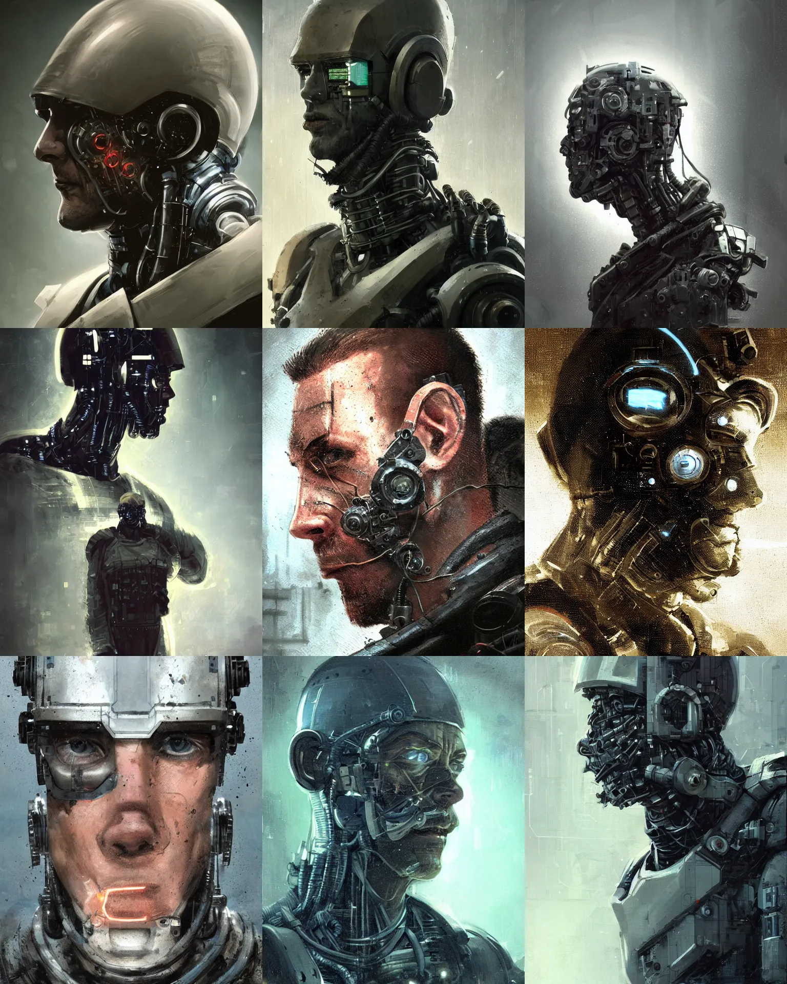Image similar to a small half - masked rugged laboratory engineer man with cybernetic enhancements as seen from a distance, scifi character portrait by greg rutkowski, esuthio, craig mullins, 1 / 4 headshot, cinematic lighting, dystopian scifi gear, gloomy, profile picture, mechanical, cyborg, half robot, implants, dieselpunk