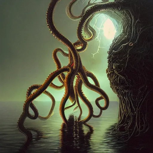 Prompt: An amorphic being with tentacles of liquid reflective copper and chrome emerges from the dark surreal ether, mist amidst lightning, high contrast lighting, backlit by Michael Whelan