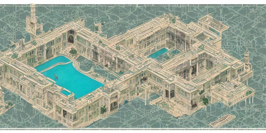 Image similar to The Taj hotel mep map axonometric pastel infographic by Wes Anderson