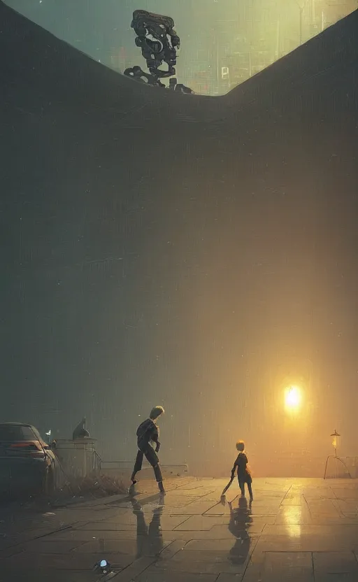 Image similar to digital painting of child playing with a huge humanoid robot in a park, sunset, a dark dystopian city behind a huge wall, dystopic, stunning, cinematic lighting, concept art by greg rutkowski and simon stalenhag and wlop, artstation