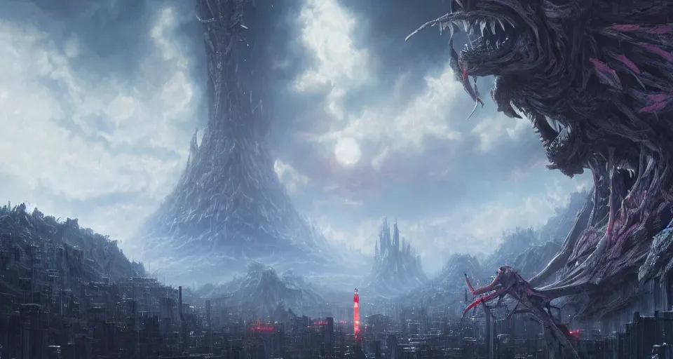 Image similar to realistic landscape beautiful detailed matte painting of cinematic movie scene, evangelion versus kaiju in tokyo. action horror, created by gustave dore and greg rutkowski, high detailed, smooth draw, synthwave neon retrofuturism, intricate, realistic proportions, dramatic lighting, trending on artstation.