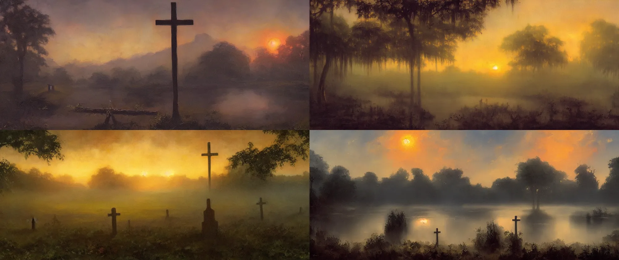 Prompt: single cross in moody foggy graveyard in lake in jungle with backlight , sunset oil painting panorama by frazetta