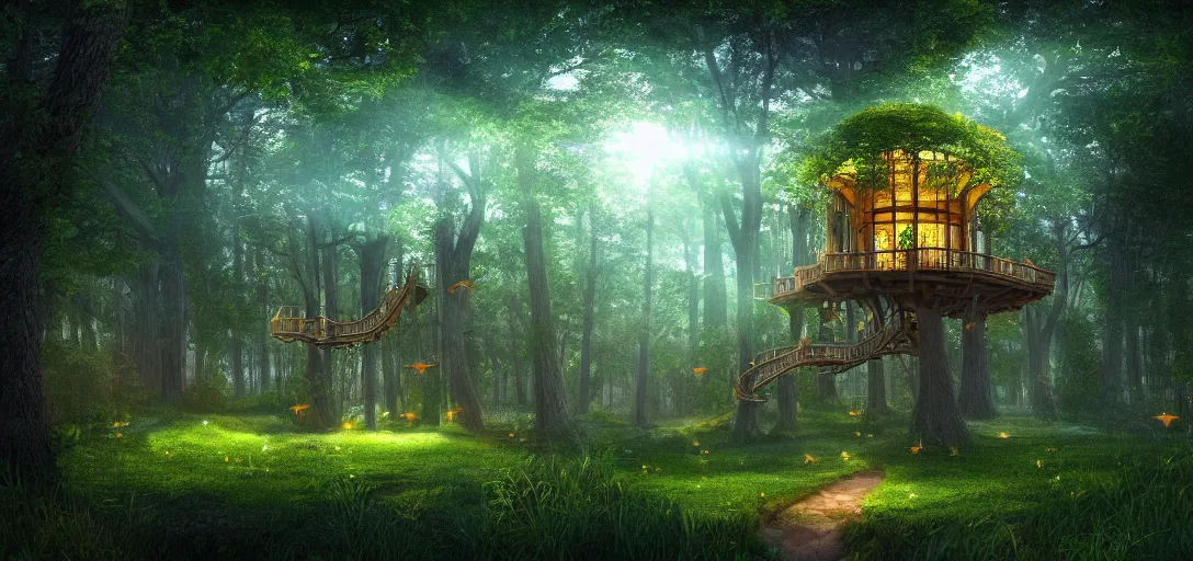 Image similar to beautiful forest, treehouse with glowing round windows, ray tracing, god rays, fireflies, mystical feeling, detailed, digital art