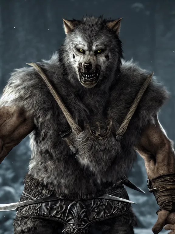 Image similar to cute handsome cuddly burly surly werewolf from van helsing unreal engine hyperreallistic render 8k character concept art masterpiece screenshot from the video game the Elder Scrolls V: Skyrim