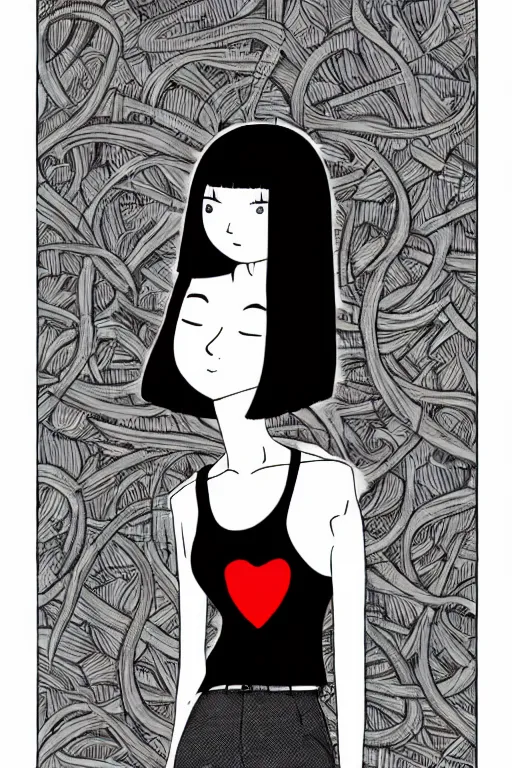 Image similar to portrait of a girl in long pants and a top, hands in pockets, eyes closed, red heart shaped tattoo on the right hand, bob haircut, digital art, black and white, detailed illustration by junji ito and kaoru mori