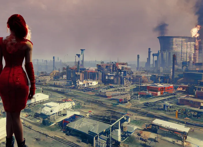 Image similar to mysterious sad rotten girl wrapped in smoke and a red dress is observing a big industrial city metropoli in the distance, cloudy sky, cyberpunk 2 0 7 7