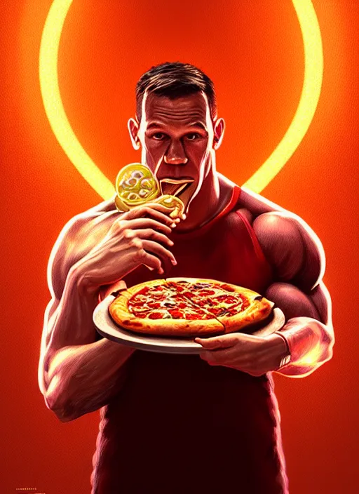 Image similar to portrait of john cena eating pizza, intricate, elegant, glowing lights, highly detailed, digital painting, artstation, concept art, smooth, sharp focus, illustration, art by wlop, mars ravelo and greg rutkowski