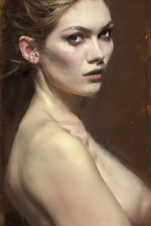 Prompt: Richard Schmid and Jeremy Lipking and Roberto Ferri full length portrait painting of a young beautiful woman