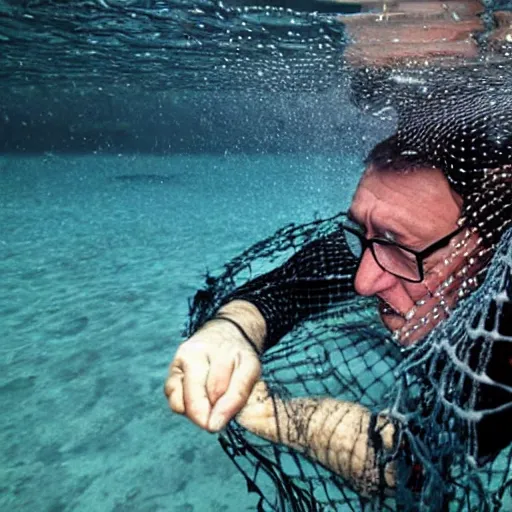 Prompt: vojislav seselj stuck in a fishing net, underwater, struggling