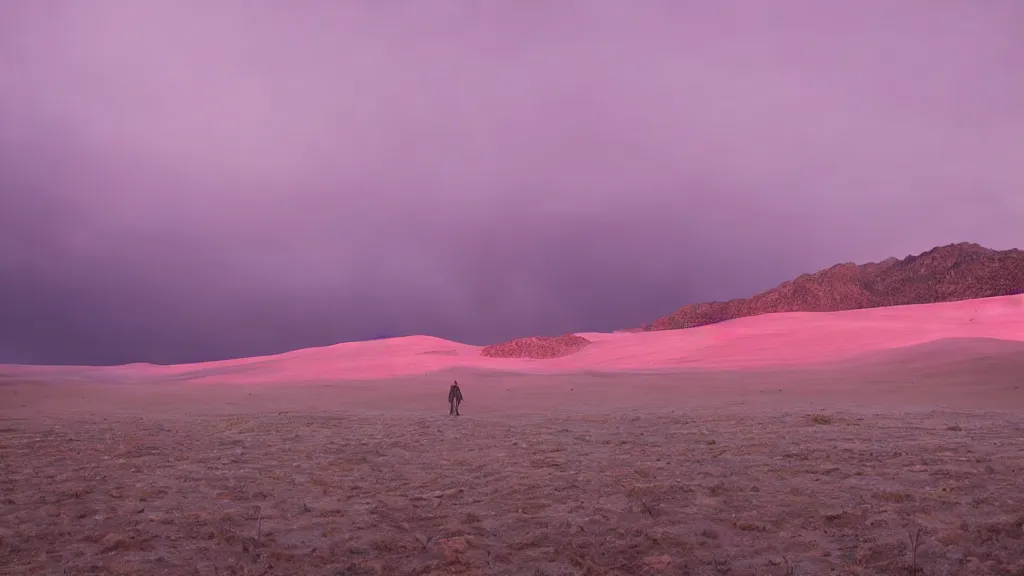 Image similar to a lone figure at the distance on soft glow pink desert with snow mountains and cloudy skies, purple fog, thunderstorms in the distance, long exposure, detailed, hyper realistic, photorealism, landscape, ultra wide angle view, peaceful, cinematic, volumetric lighting, god ray through clouds