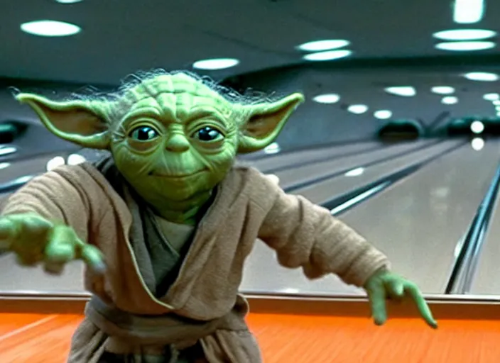 Image similar to film still of yoda goes bowling in the new Star Wars movie, 4k