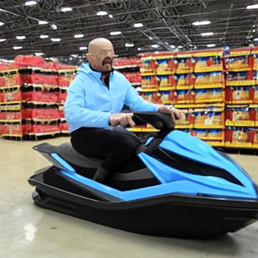 Prompt: walter white riding a jetski at costco