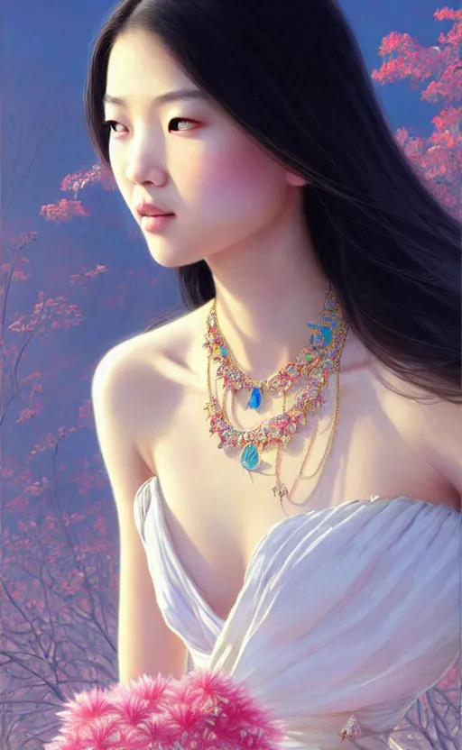 Image similar to a beautiful young charming asian goddess with sundress + jewelry + shinny eyes | | winter, symmetric, realistic shaded, unpleasant face, good looking, fine details, dior, lv, realistic shaded lighting poster by greg rutkowski, macoto takahashi, magali villeneuve, artgerm, jeremy lipkin and michael garmash