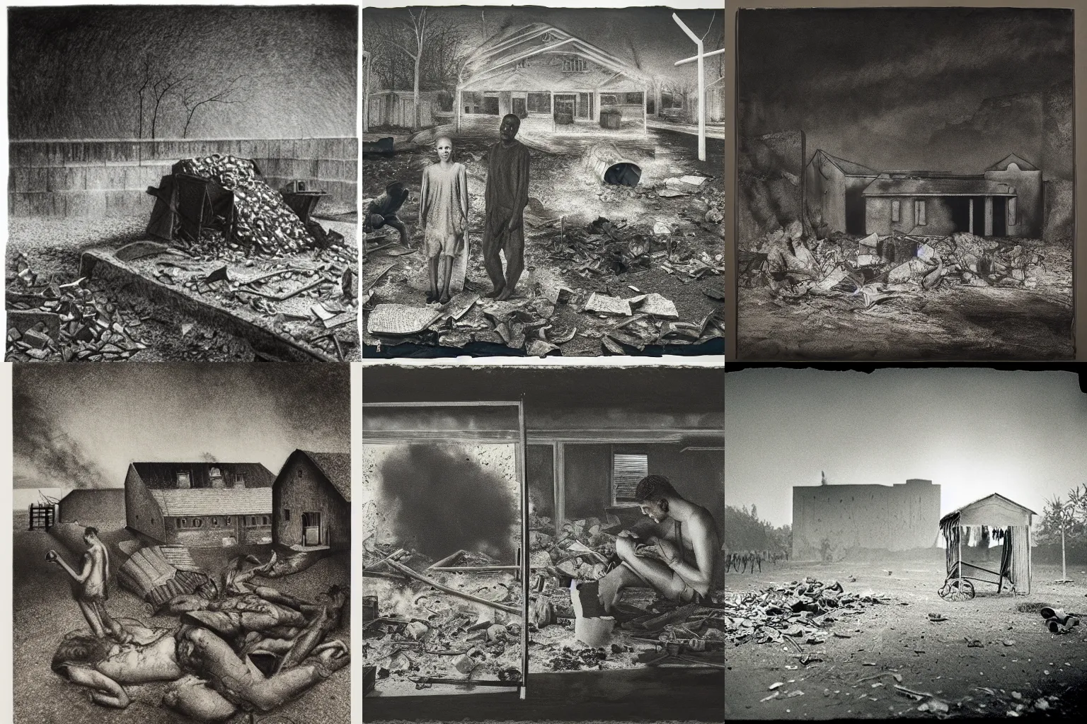 Prompt: things fall apart. coal on paper by gregory crewdson and georg grosz