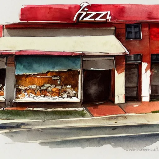 Image similar to watercolour drawing of pizza restaurant crumbling to the ground, beautiful award winning artistic talent, trending on artstation