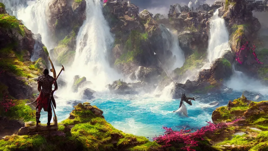 Prompt: A Fantasy Warrior, standing on a cliffside, beside a beautiful colourful waterfall, over looking a large Fantasy city in the middle of the ocean, trending artstation, 8k, highly detailed, matte painting, concept art