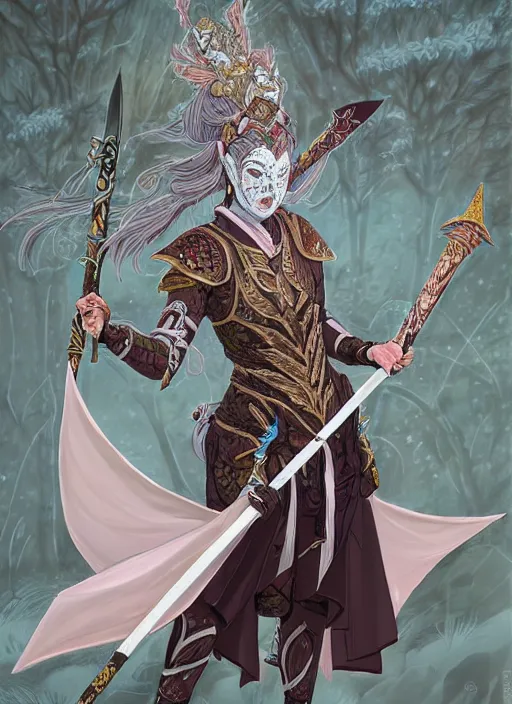 Prompt: full body portrait, female changeling spearman in floral - patterned light armor, wielding a long halberd, wearing a noh theatre mask, barefoot, dancer, capricious, energetic, provocative, realistic proportions, reasonable fantasy, in the style of dnd illustrations, tabletop rpg.