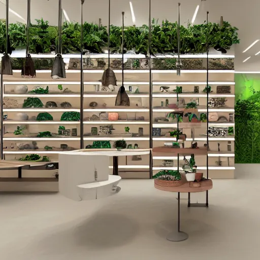 Prompt: an 8k render ceramics shop interior with wooden panels and greenery