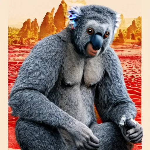 Image similar to planet of the koalas in the style of the movie poster of planet of the apes, movie poster, high quality, intricate detail