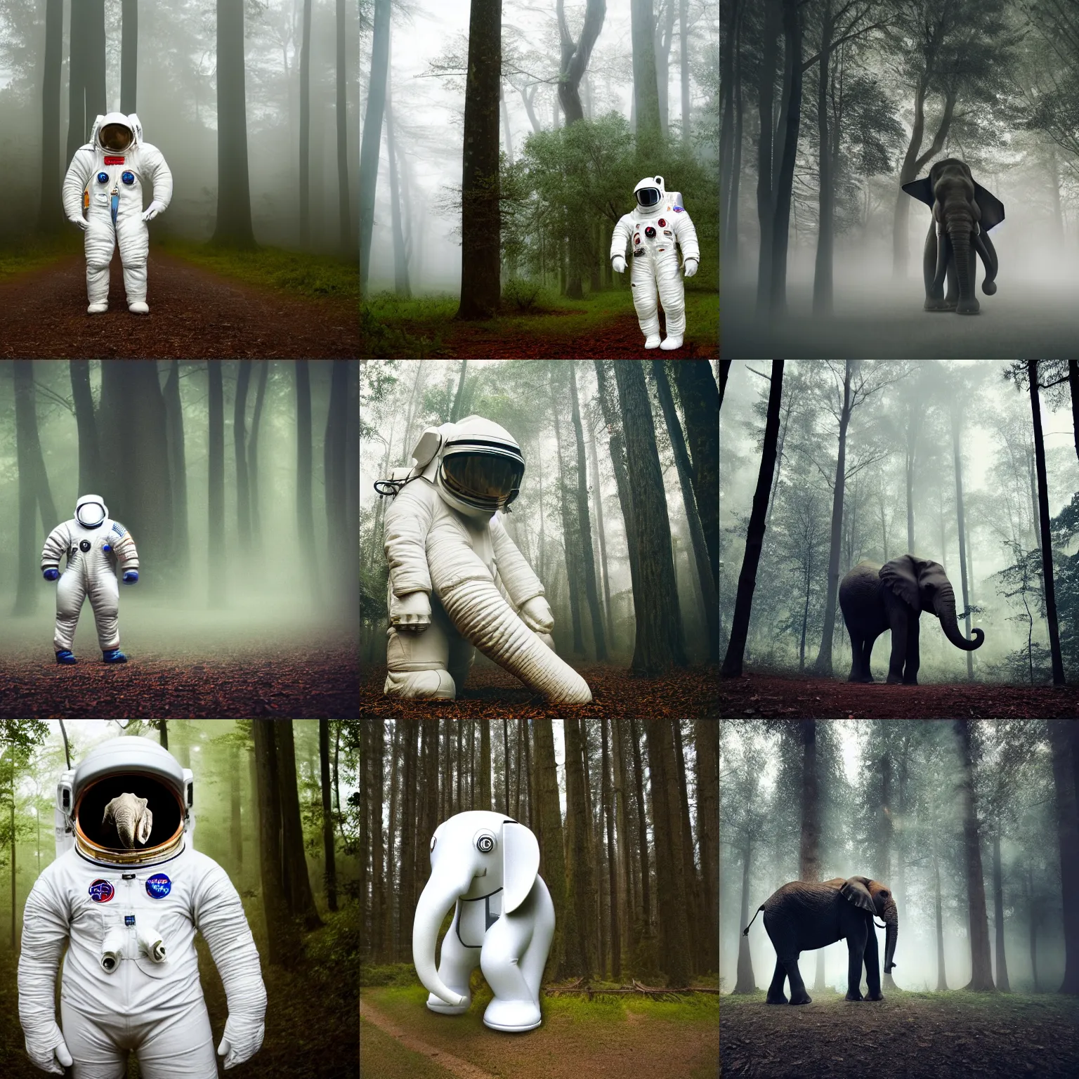Prompt: giant elephant wearing white spacesuit with oversized helmet as astronaut animal, in the woods, foggy mood, overcast bokeh, macro shot - c 8