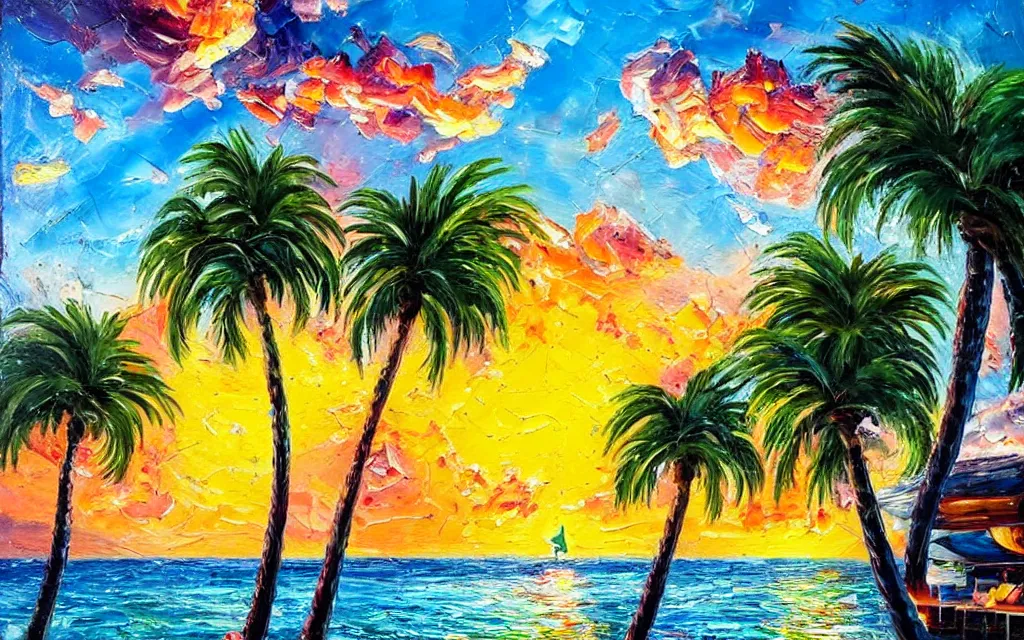 Image similar to a sea with a tiny island with a cute cozy cottage with a terrace, a paved garden courtyard with benches and a fountain, palm trees, river, sunset, puffy clouds, dramatic and dynamic lighting, thick brush strokes oil impasto painting