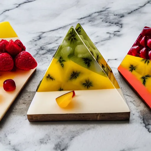 Image similar to beautiful photo of the pyramids made of fruit pieces on a white plate, dslr