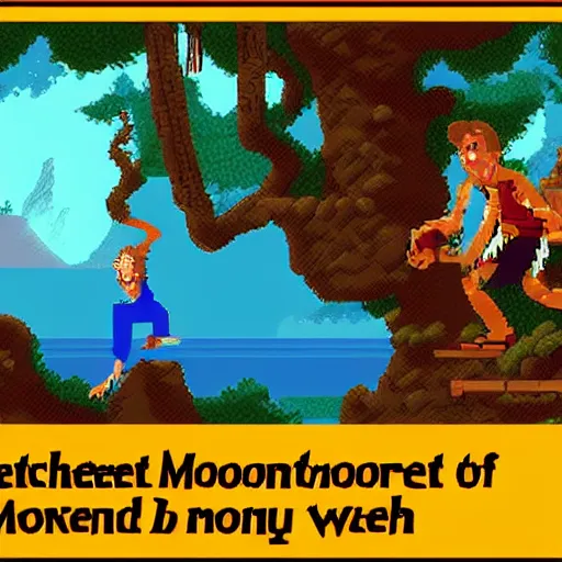 Prompt: Guybrush Threepwood discovers the secret of Monkey Island. High resolution Pixel art.