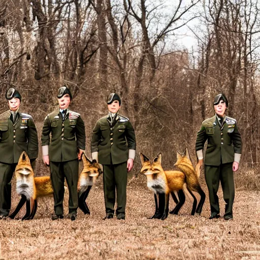 Prompt: a group of fox animals dressed in modern american military soldier uniforms, foxes animals, 8 5 mm f / 1. 4
