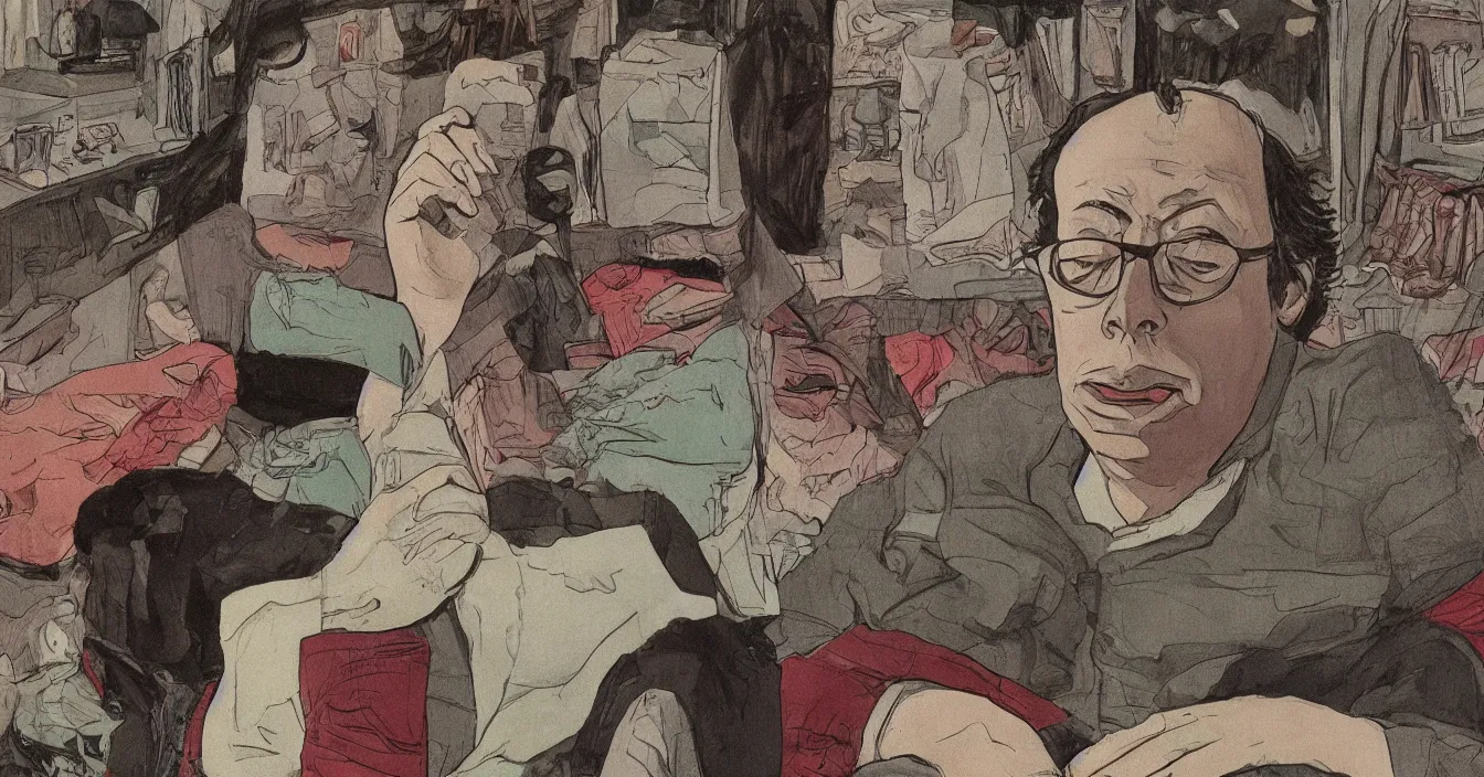 Prompt: todd solondz, high quality high detail graphic novel of todd solondz, clear sharp face of todd solondz, night, by lucian freud and gregory crewdson and francis bacon,