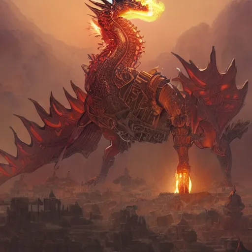 Image similar to an ornately decorated evil black dragon setting an ancient fantast city on fire in the desert, art by artgerm and greg rutkowski and magali villeneuve and alphonse mucha and rossdraws and makoto shinkai, d & d, fantasy, highly detailed, digital painting, trending on artstation, concept art, sharp focus, illustration