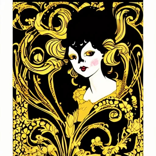 Image similar to a devil little girl, black and gold, art nouveau style