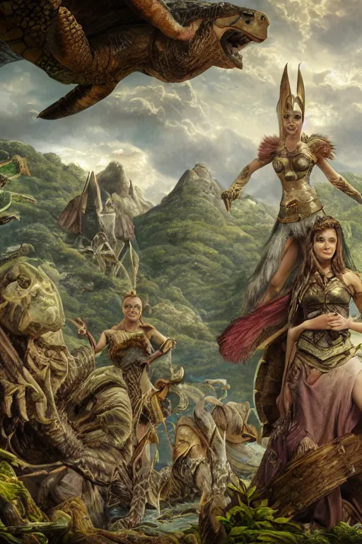 Image similar to A fantasy book style portrait painting of the Great Turtle Island at the center of the Universe, accompanied by a hybrid, Anya_Taylor-Joy, Cory Chase, Eva Green, as a Mystical Valkyrie, Anubis-Reptilian, Atlantean Warrior, François Boucher, Oil Painting, Crisp clear resolution, unreal 5, DAZ, hyperrealistic, octane render, Regal, Refined, Detailed Digital Art, RPG portrait, Walt Disney (1937), William-Adolphe Bouguereau, Michael Cheval, Steampunk, Volumetric Golden dappled dynamic lighting, Highly Detailed, Cinematic Lighting, Unreal Engine, HD, 8k, HD