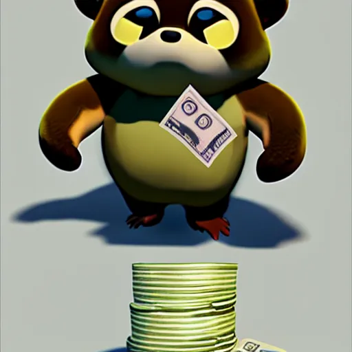 Image similar to tom nook crying, holding bags of money, 3 d model, unreal engine, hyper detailed, video game art, concept art, artstation