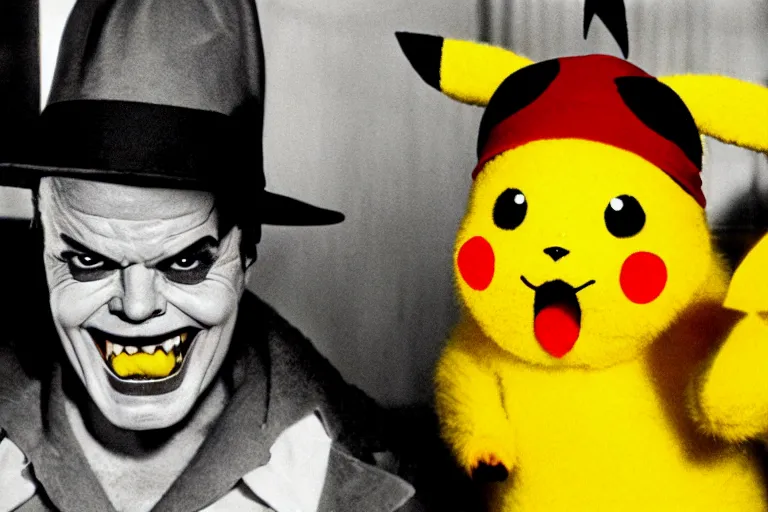 Prompt: Jack Nicholson dressed up in costume of Pikachu, scary, horror, still from the film by Stanley Kubrick in color