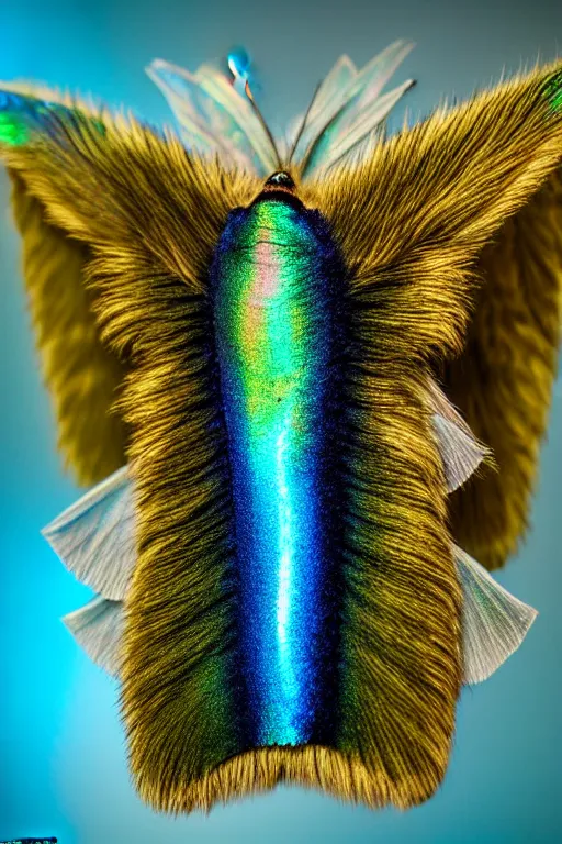 Image similar to high quality macro photo silky iridescent furry moth! jewelled gorgeous! highly detailed david ligare elson peter cinematic blue neon lighting high quality low angle hd 8k sharp shallow depth of field