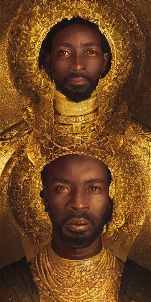 Prompt: a stunning and noble highly detailed romantic period style portrait of Mansa Musa by Josep Tapiró Baró and Greg Rutkowski, trending on artstation, oil painting masterpiece, symmetry, African iconography