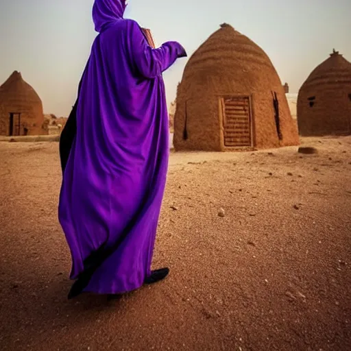 Image similar to low shot photo of feminine and lean arab woman wearing a long purple dress, strutting and looking fierce, with najdi mud houses in the background, early evening, starry sky, in the style of annie leibovitz amd steve meiele