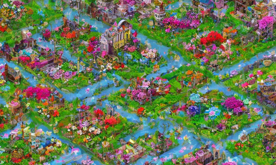 Prompt: floralpunk town, trending on artstation, a town inspired by flower and plant-based industries and World renowned famous artists. Worth1000.com